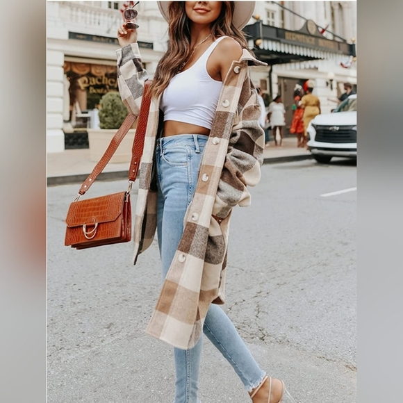 KHAKI Casual Plaid Wool Blend Pea Coat Button Down Shacket Shirt Long Jacket - Picture 3 of 4